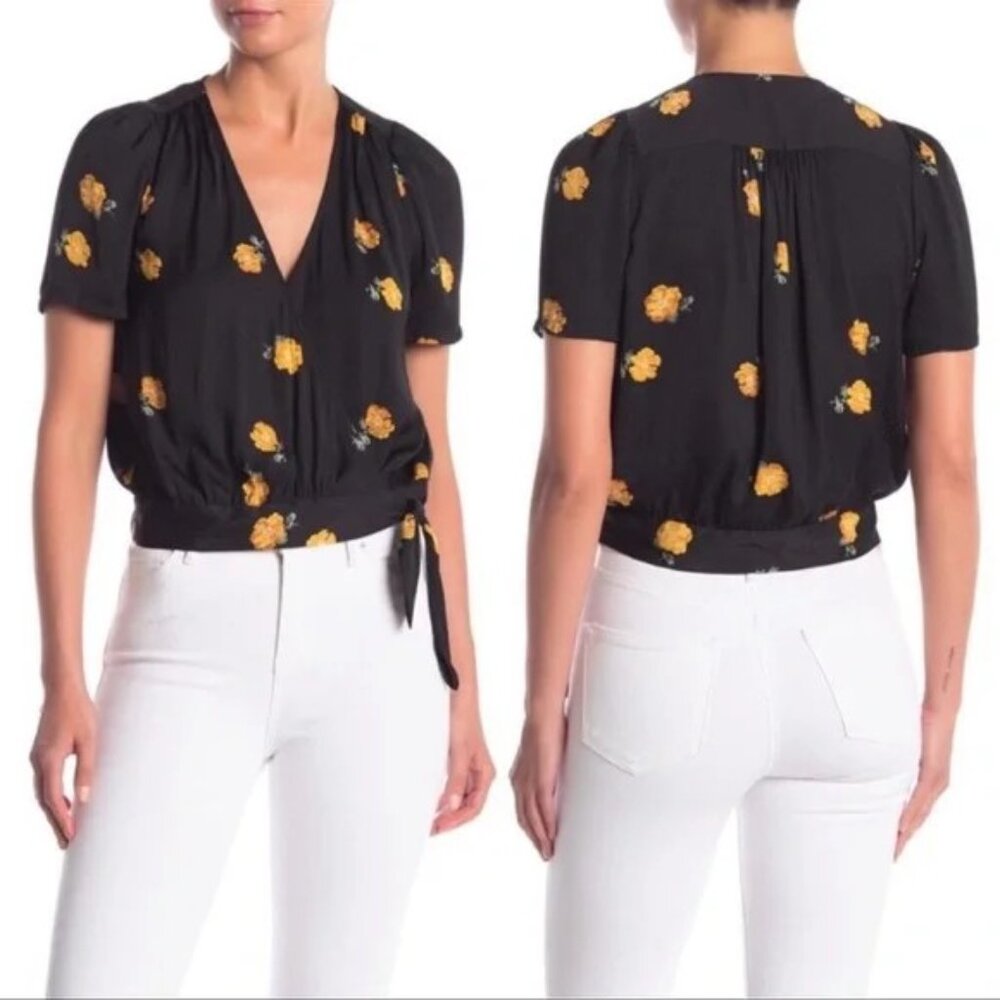 Madewell Floating Florets Short Sleeve Black Floral Wrap Top.  Size M.